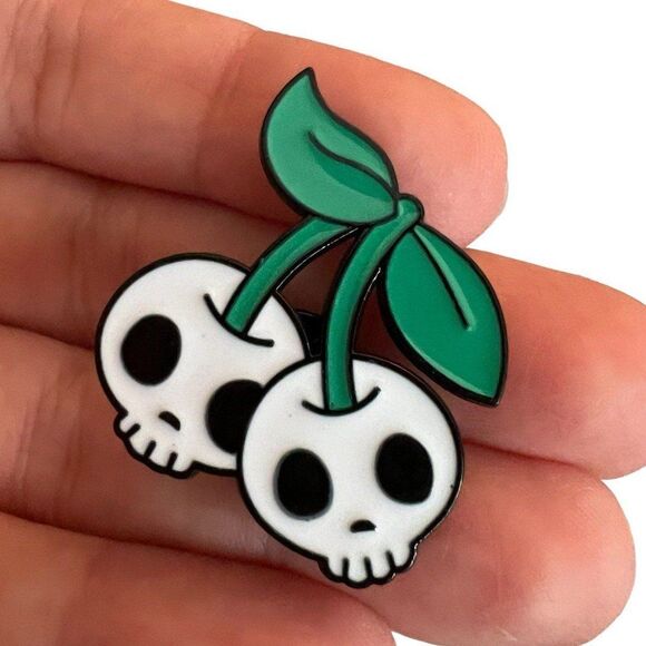 Cherry Skull Heads Enamel Pin Super Cute - Picture 2 of 8